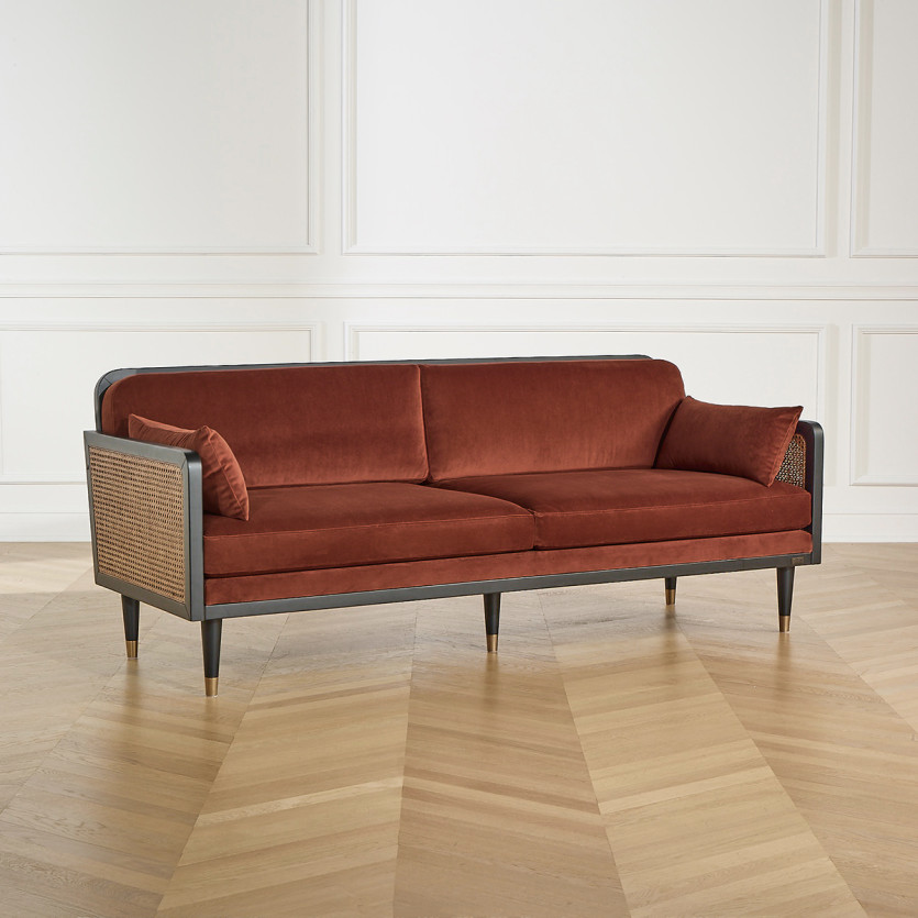 Canapé ARABELLA – Style vintage en tissu velours, bois et rotin, 3 places, bois certifié FSC®