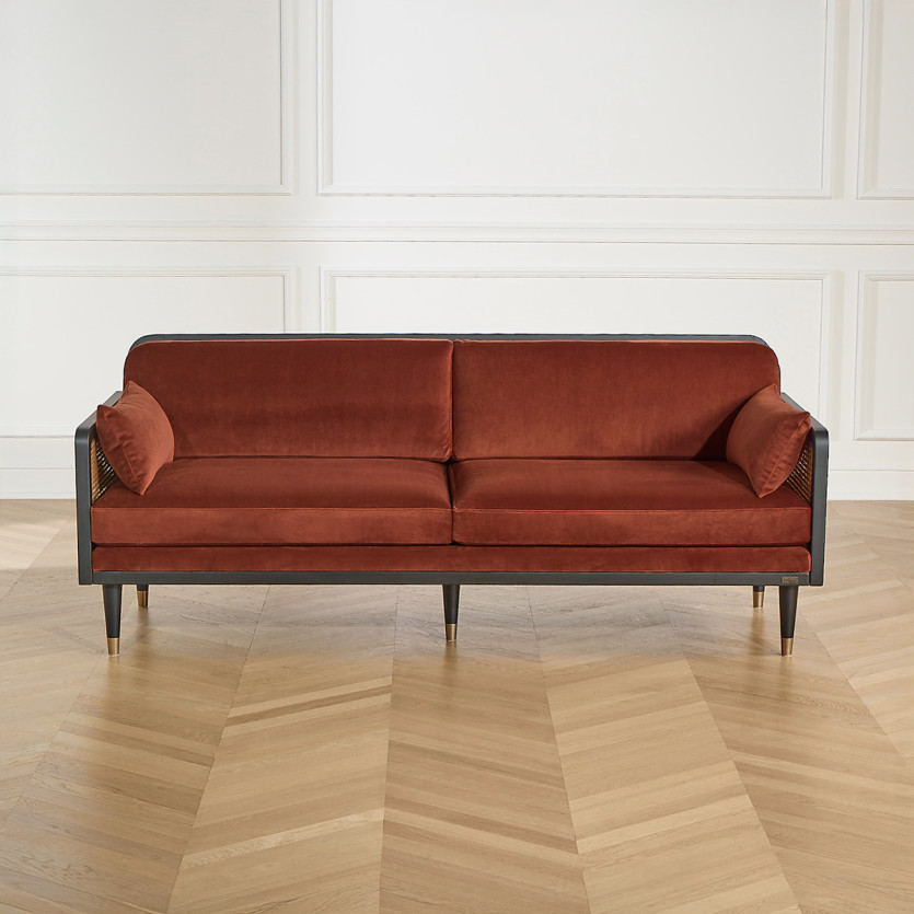 Canapé ARABELLA – Style vintage en tissu velours, bois et rotin, 3 places, bois certifié FSC®