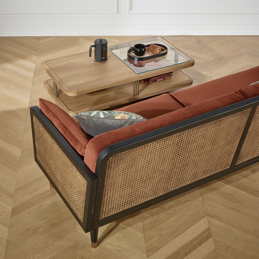 Canapé ARABELLA – Style vintage en tissu velours, bois et rotin, 3 places, bois certifié FSC®