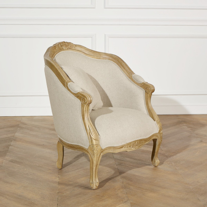 Fauteuil bergère ALEXANDRE - Style classique en bois massif et lin, 1 place, bois certifié FSC®