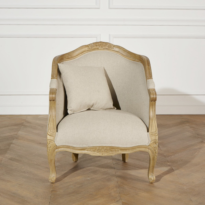 Fauteuil bergère ALEXANDRE - Style classique en bois massif et lin, 1 place, bois certifié FSC®