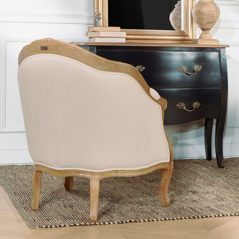 Fauteuil bergère ALEXANDRE - Style classique en bois massif et lin, 1 place, bois certifié FSC®