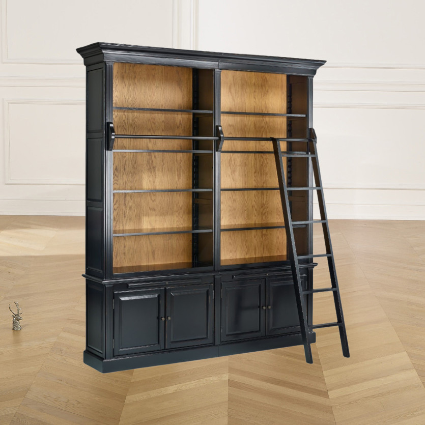 FRANCOIS - Bibliothèque salon style romantique avec échelle coulissante, 4 portes et 8 étagères
