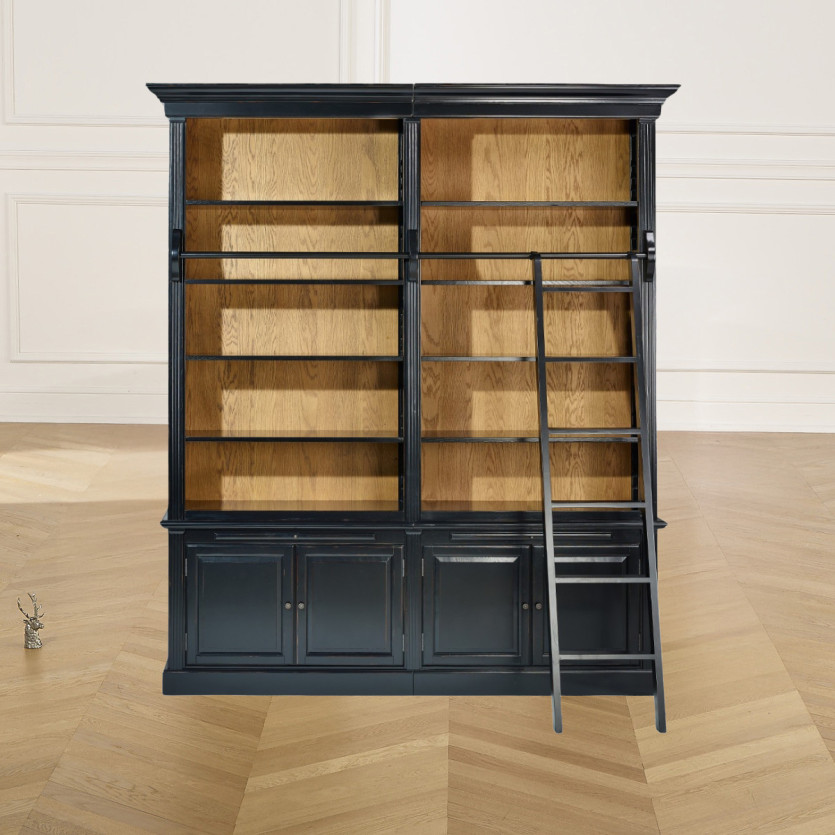 FRANCOIS - Libreria da salotto stile romantico con scala scorrevole, 4 porte e 8 ripiani
