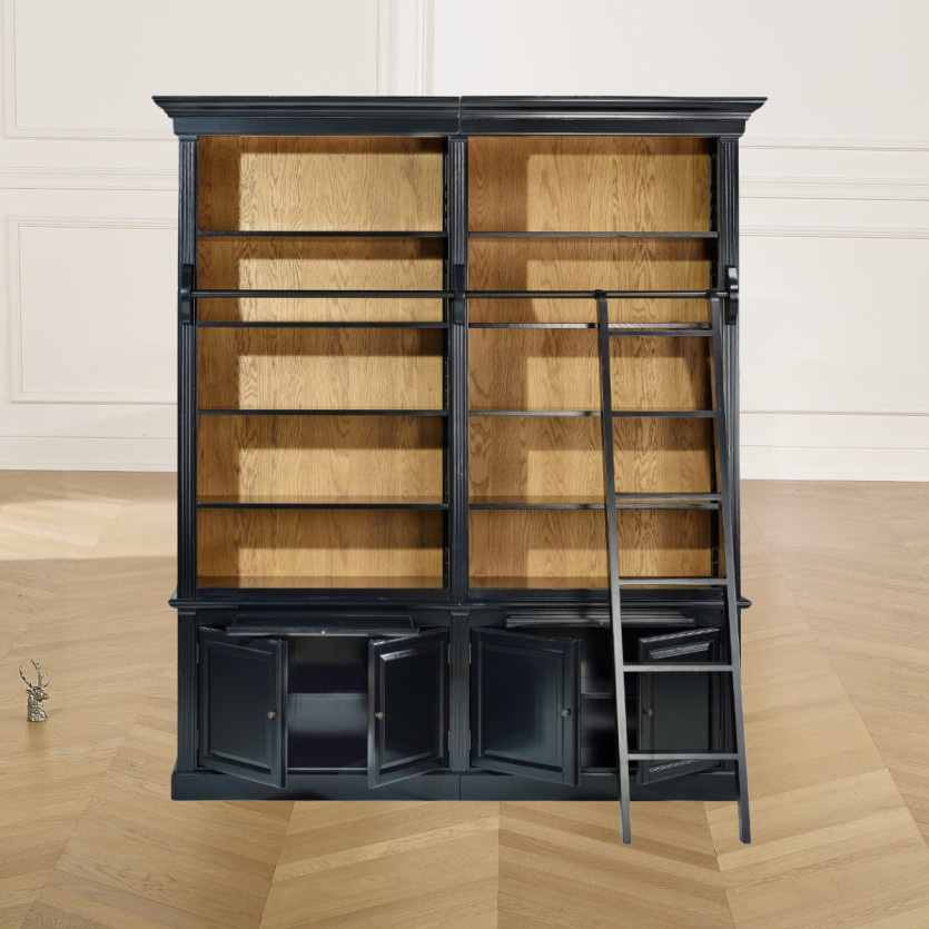 FRANCOIS - Bibliothèque salon style romantique avec échelle coulissante, 4 portes et 8 étagères