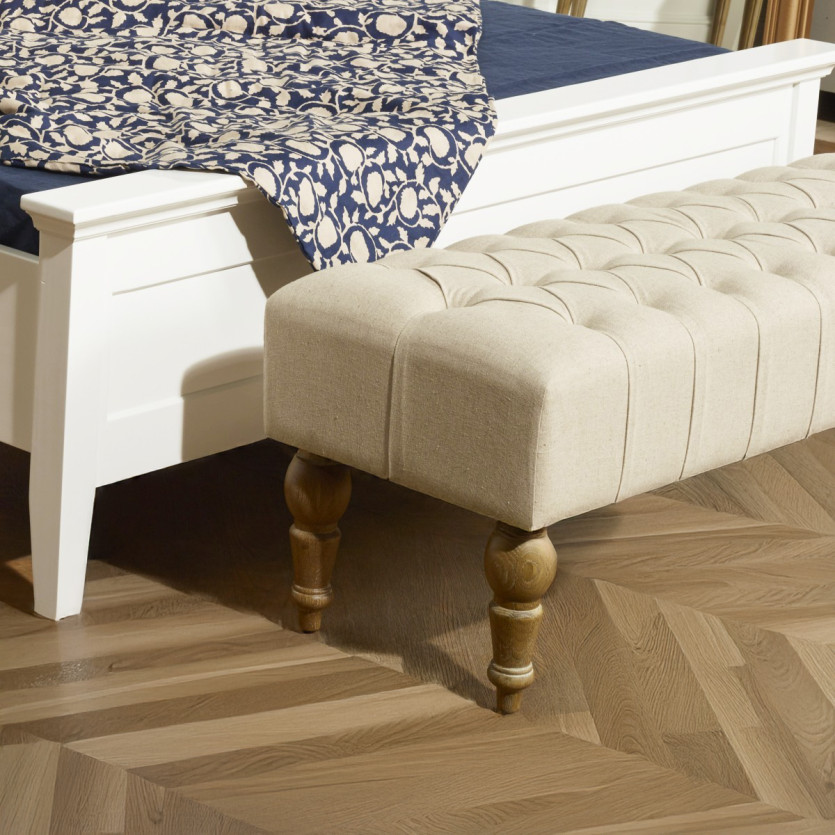 Banco para o pé da cama JANE - Estilo shabby chic, em madeira e tecido acolchoado, 150 cm