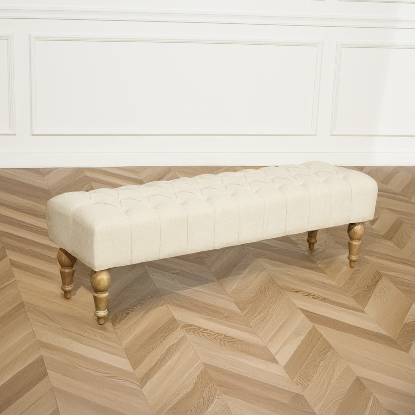 Banco para o pé da cama JANE - Estilo shabby chic, em madeira e tecido acolchoado, 150 cm