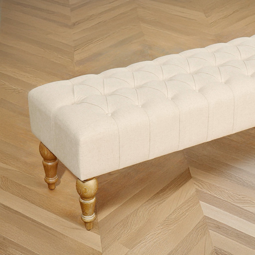 Banc bout de lit JANE - Style shabby chic, en bois et tissu capitonné, 150 cm