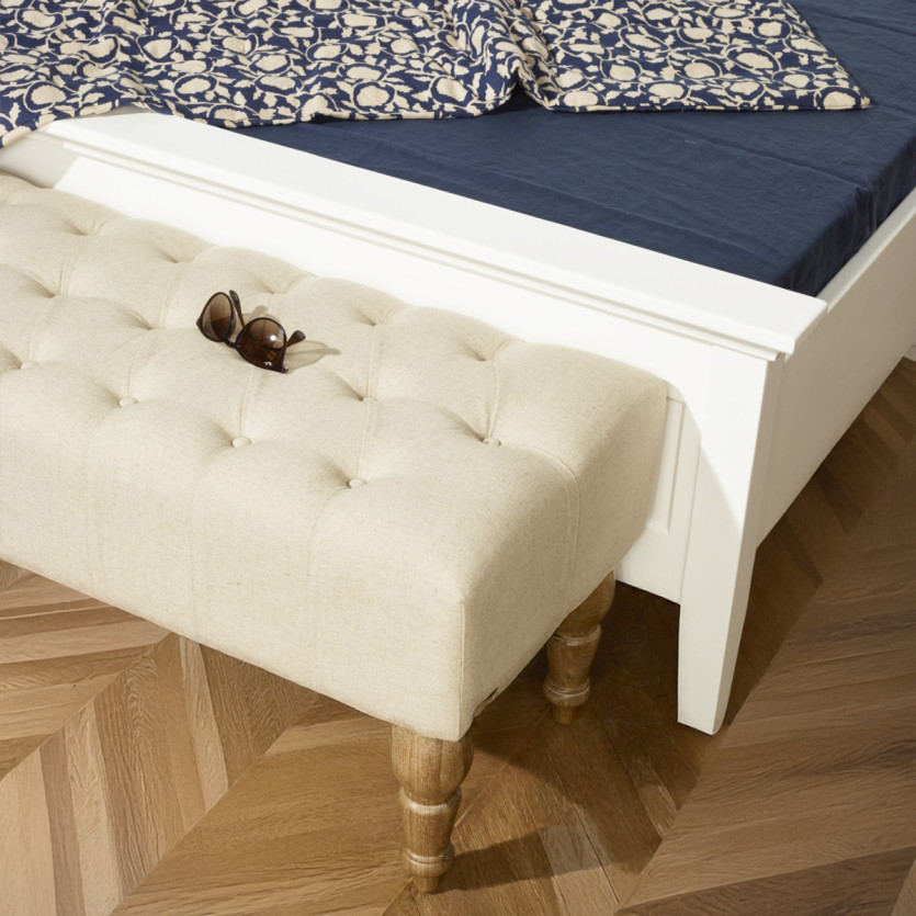 Banco para o pé da cama JANE - Estilo shabby chic, em madeira e tecido acolchoado, 150 cm
