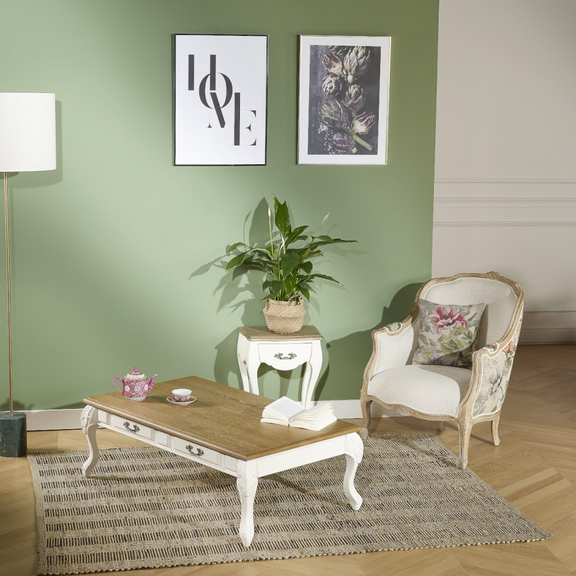 MARIANNE - Table basse style shabby chic, plateau en chêne, 4 tiroirs, bois certifié FSC®