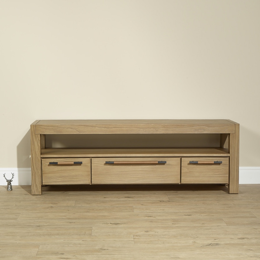 MEGÈVE – Meuble tv 150 cm en bois, style contemporain, 3 tiroirs, 1 étagère, bois certifié FSC®