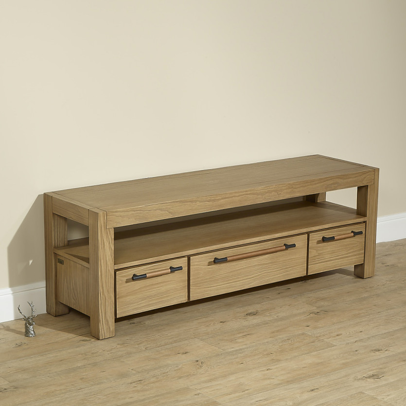 MEGÈVE – Meuble tv 150 cm en bois, style contemporain, 3 tiroirs, 1 étagère, bois certifié FSC®
