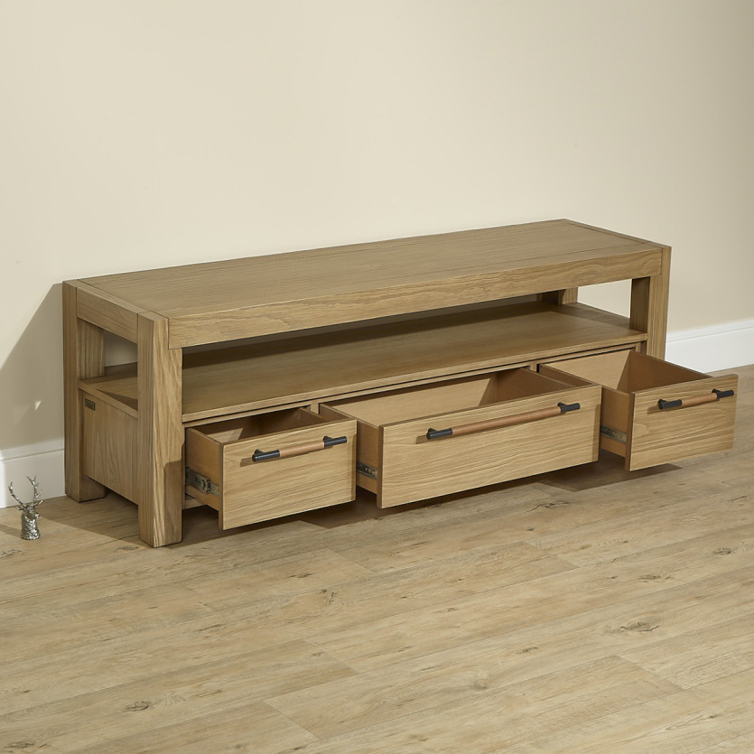 MEGÈVE – Meuble tv 150 cm en bois, style contemporain, 3 tiroirs, 1 étagère, bois certifié FSC®