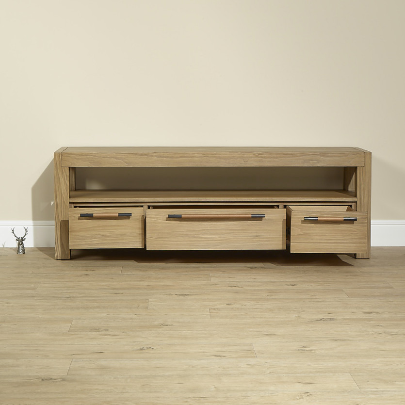 MEGÈVE – Meuble tv 150 cm en bois, style contemporain, 3 tiroirs, 1 étagère, bois certifié FSC®
