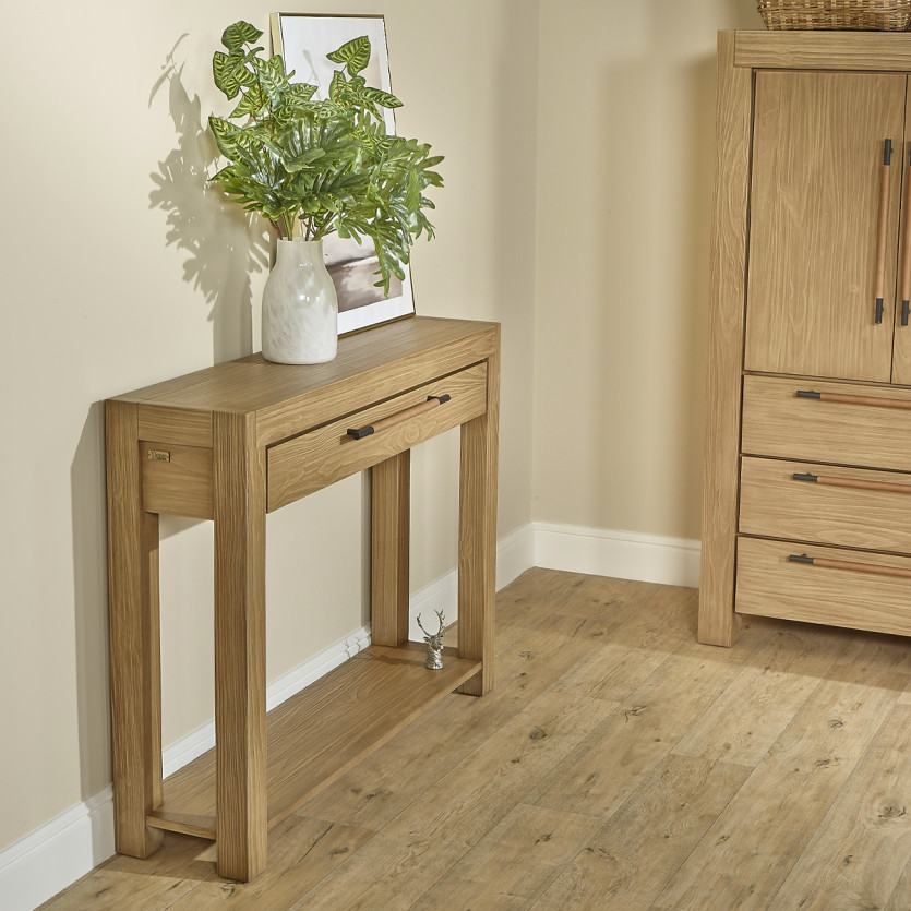 Consola MEGÈVE – Estilo contemporáneo en madera maciza, 1 cajón, madera certificada FSC®