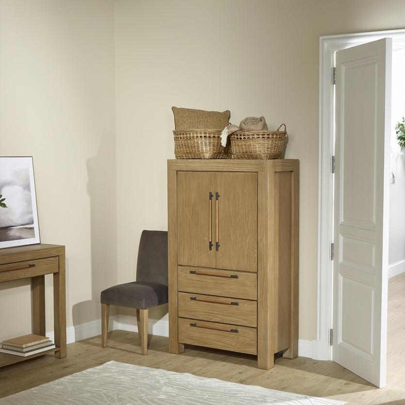 MEGEVE – Pequeno armário de estilo contemporâneo, 2 portas, 3 prateleiras, 3 gavetas, madeira certificada FSC®