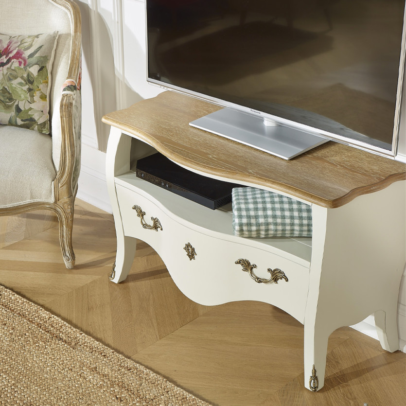 AQUITAINE – Meuble TV 100 cm style shabby chic, 1 tiroir, 1 niche, bois certifié FSC®