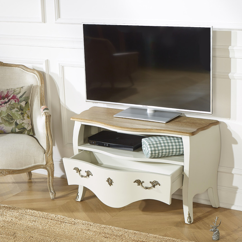 AQUITAINE – Meuble TV 100 cm style shabby chic, 1 tiroir, 1 niche, bois certifié FSC®
