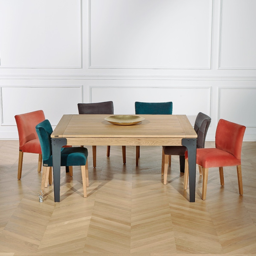 Table à manger carrée ATHENA -  Style industriel, pieds en métal noir, 8/10 couverts, bois certifié FSC®