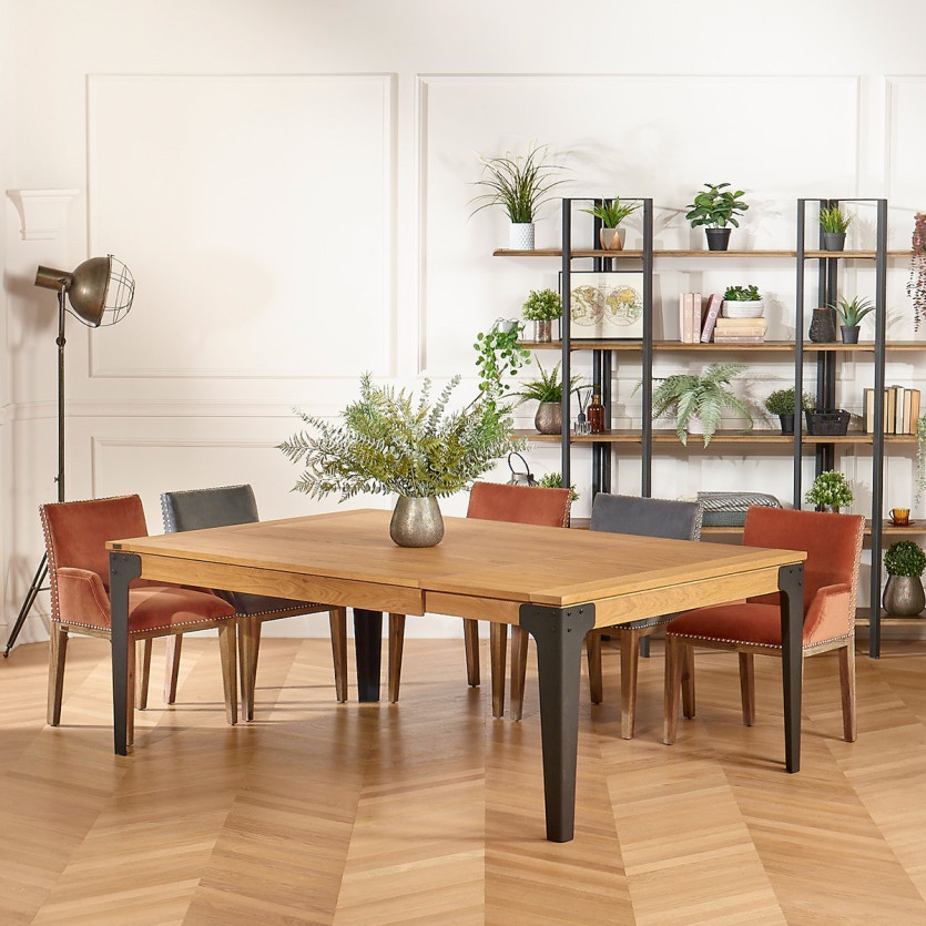 Table à manger carrée ATHENA -  Style industriel, pieds en métal noir, 8/10 couverts, bois certifié FSC®