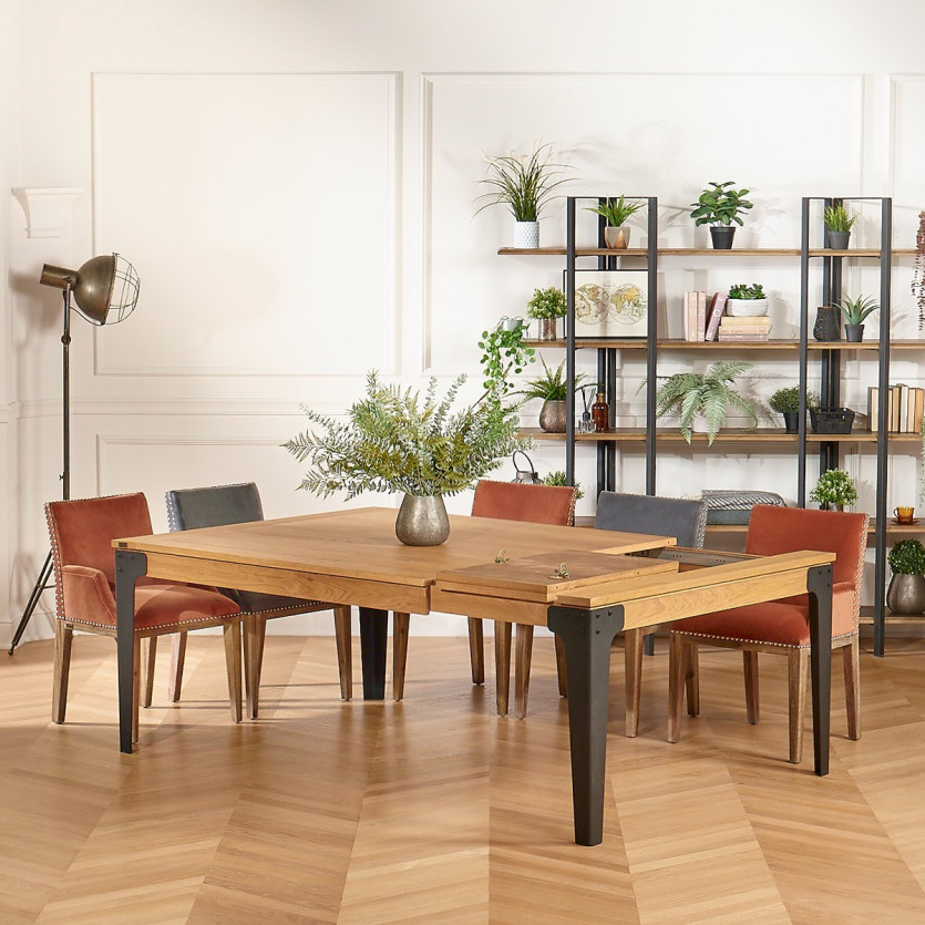 Table à manger carrée ATHENA -  Style industriel, pieds en métal noir, 8/10 couverts, bois certifié FSC®