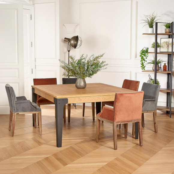 Table à manger carrée ATHENA -  Style industriel, pieds en métal noir, 8/10 couverts, bois certifié FSC®