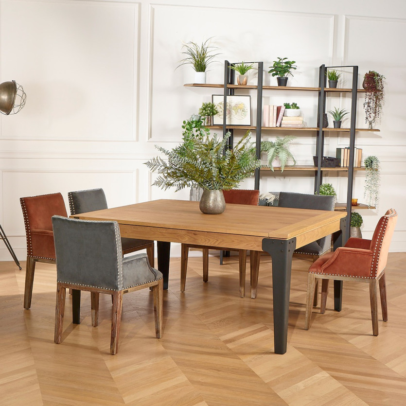 Table à manger carrée ATHENA -  Style industriel, pieds en métal noir, 8/10 couverts, bois certifié FSC®