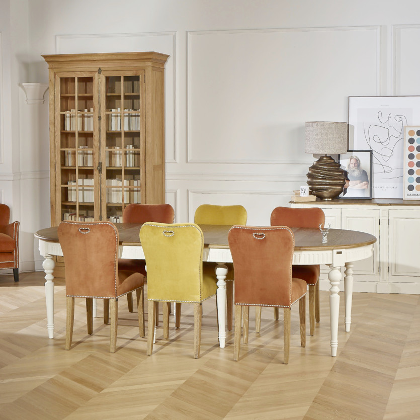 Mesa de comedor extensible AUDE - Estilo romántico en roble, 6/14 cubiertos, madera certificada FSC®