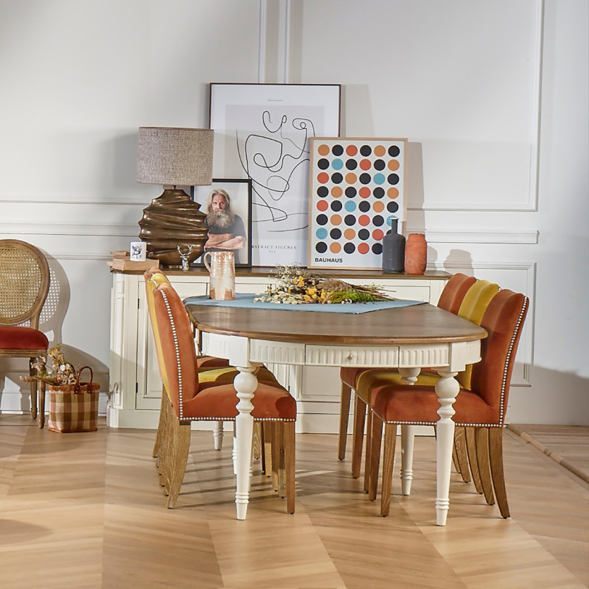Mesa de comedor extensible AUDE - Estilo romántico en roble, 6/14 cubiertos, madera certificada FSC®