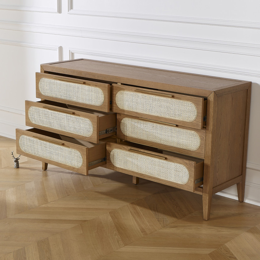 MONTANA - Moderne dressoir van eikenhout en rotan, 6 lades