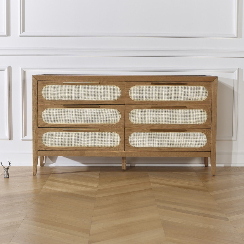 MONTANA - Moderne dressoir van eikenhout en rotan, 6 lades