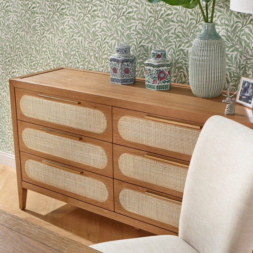 MONTANA - Moderne dressoir van eikenhout en rotan, 6 lades