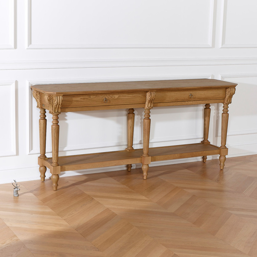 Large Double Console CLAUDE – Shabby Chic Style, Oak Top, 2 Drawers