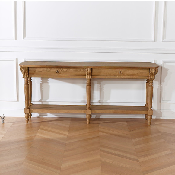 Console double CLAUDE – Style shabby chic, plateau en chêne, 2 tiroirs