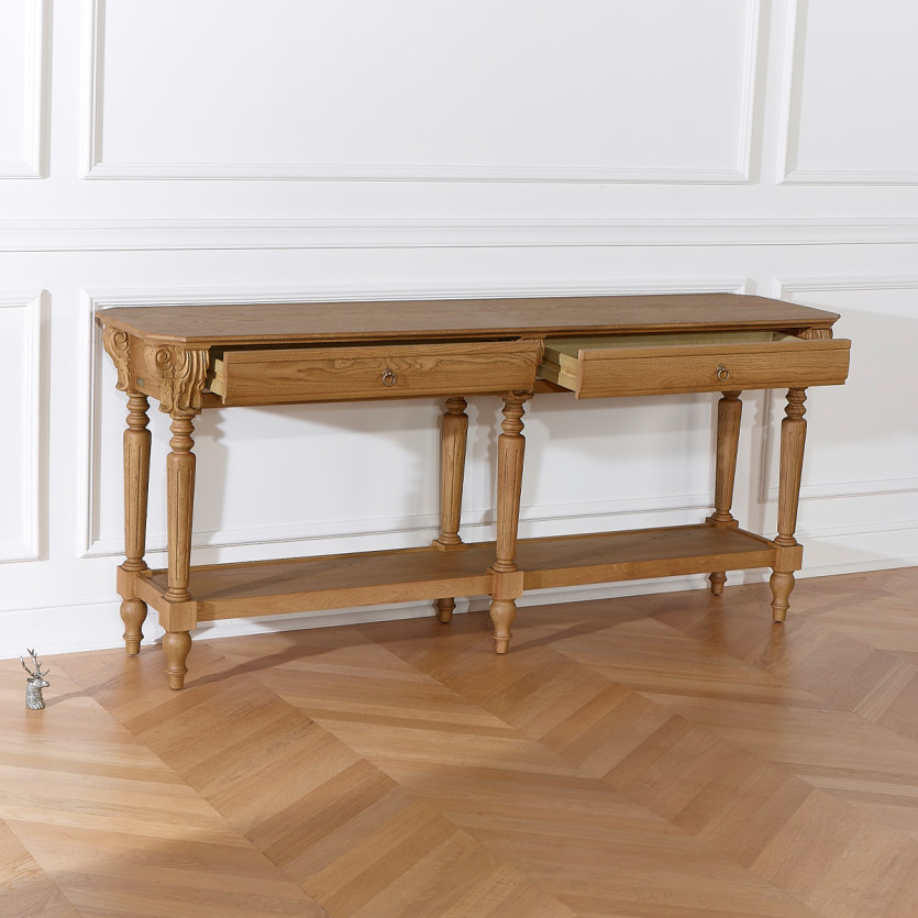 Console double CLAUDE – Style shabby chic, plateau en chêne, 2 tiroirs