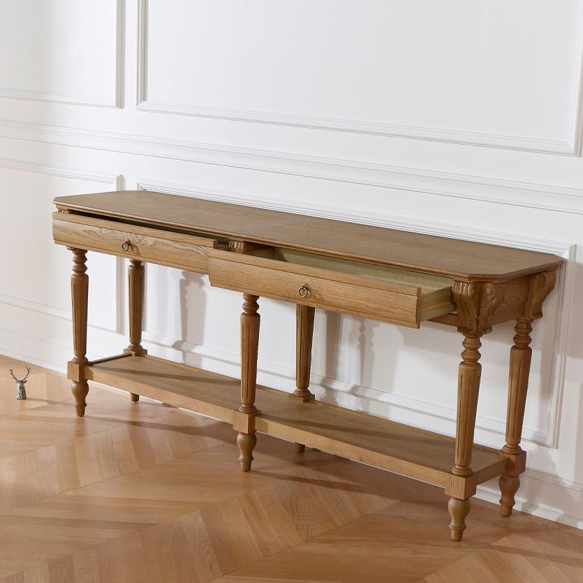 Grande console double CLAUDE – Stile shabby chic, piano in rovere, 2 cassetti