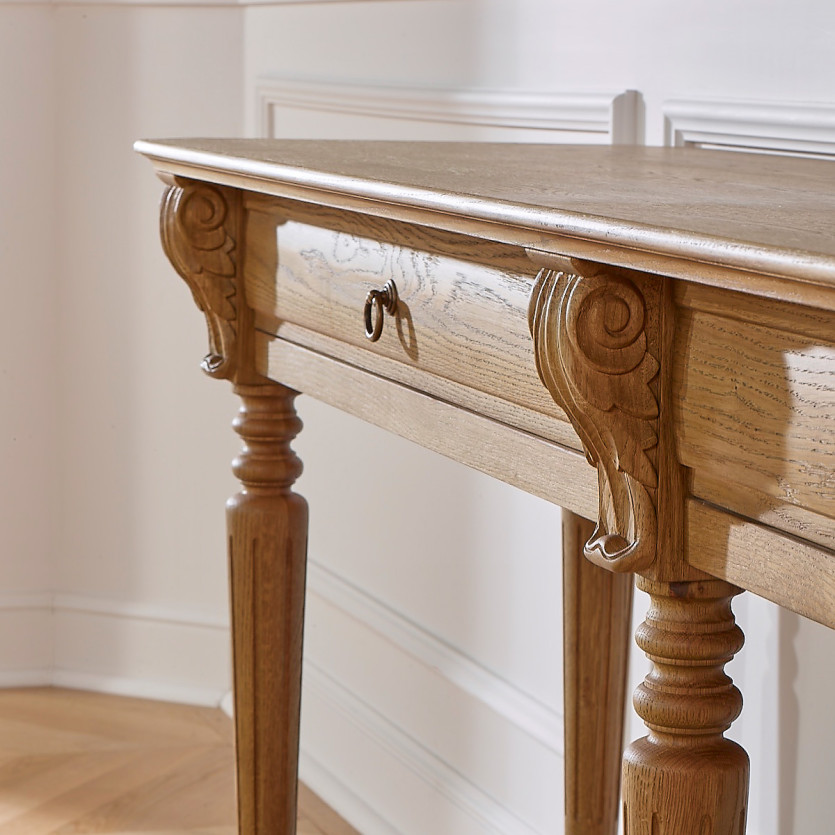 Console double CLAUDE – Style shabby chic, plateau en chêne, 2 tiroirs