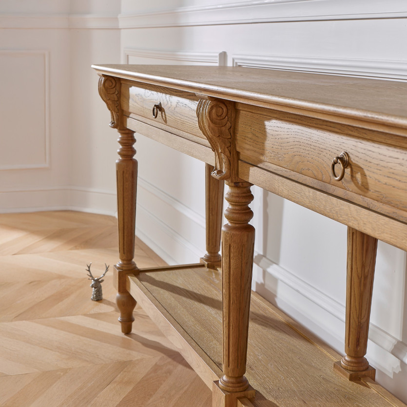 Großer Doppel-Konsole CLAUDE – Shabby Chic Stil, Eichenplatte, 2 Schubladen