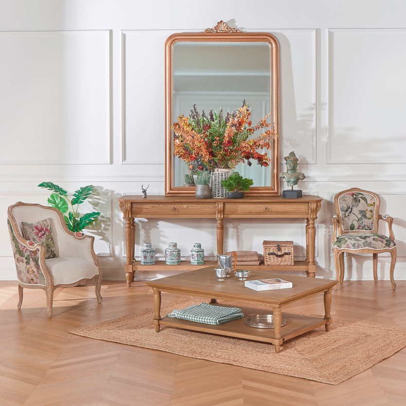 Großer Doppel-Konsole CLAUDE – Shabby Chic Stil, Eichenplatte, 2 Schubladen