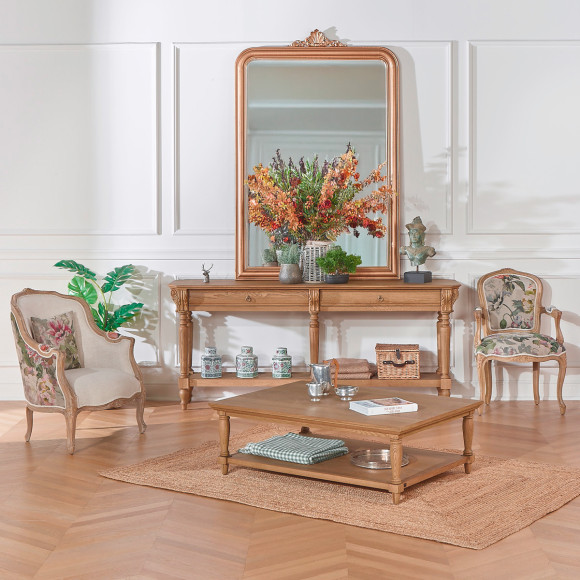 Console double CLAUDE – Style shabby chic, plateau en chêne, 2 tiroirs