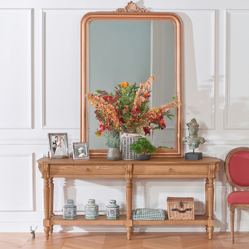 Console double CLAUDE – Style shabby chic, plateau en chêne, 2 tiroirs