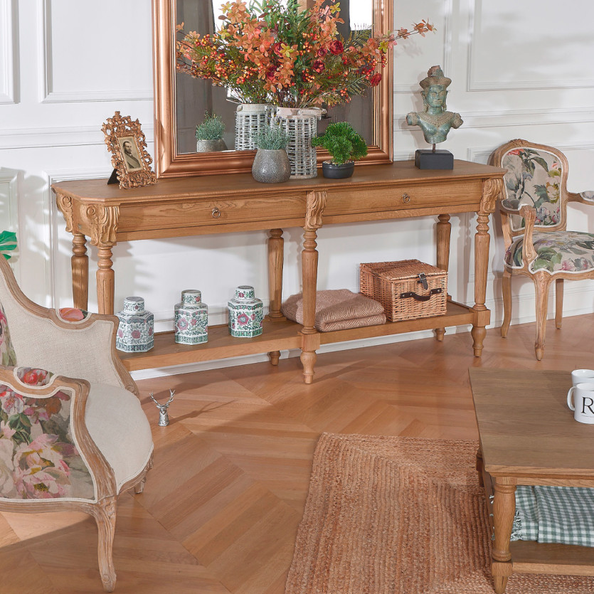 Console dupla CLAUDE – Estilo shabby chic, tampo de carvalho, 2 gavetas