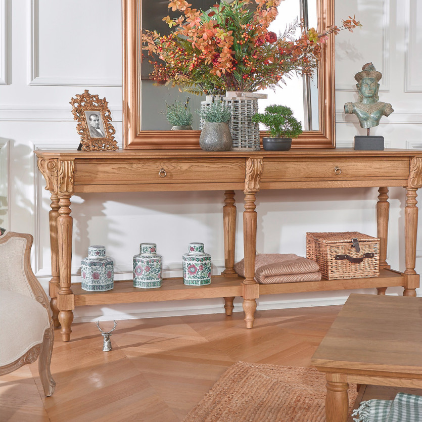 Console double CLAUDE – Style shabby chic, plateau en chêne, 2 tiroirs