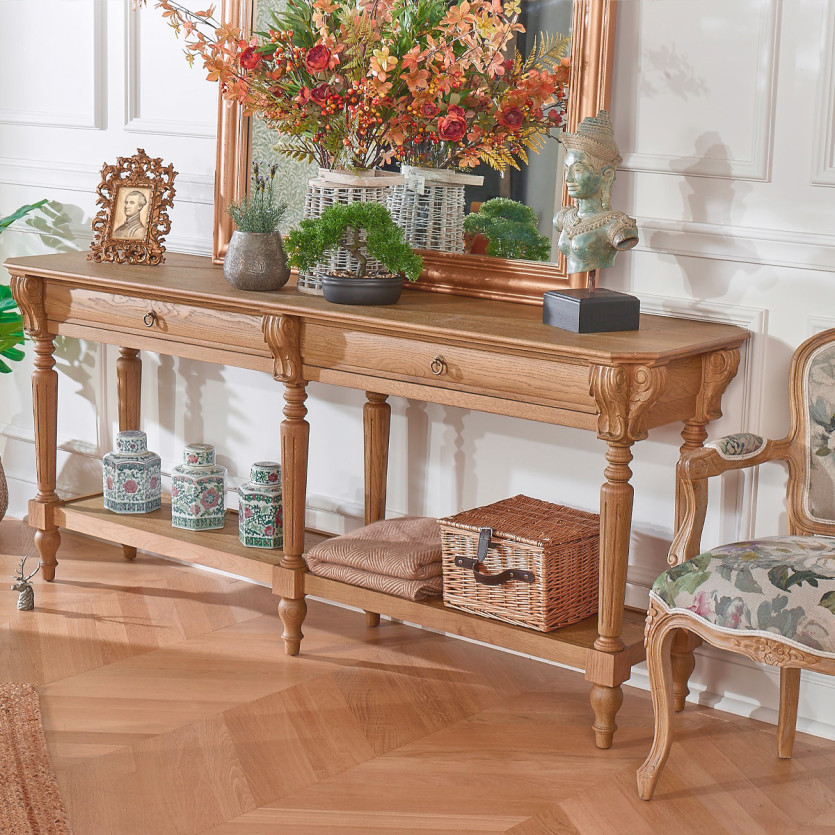 Großer Doppel-Konsole CLAUDE – Shabby Chic Stil, Eichenplatte, 2 Schubladen