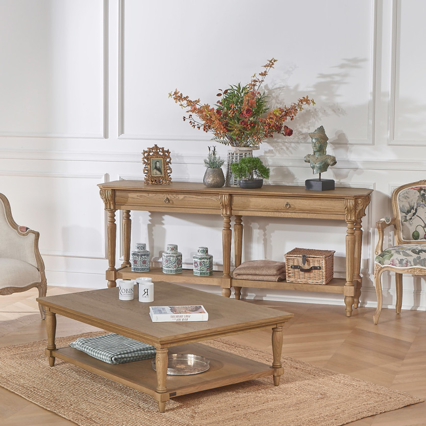 Großer Doppel-Konsole CLAUDE – Shabby Chic Stil, Eichenplatte, 2 Schubladen