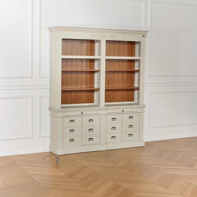 GUSTAVE - Bibliothèque ouverte style classique, 4 portes, 8 tablettes, 2 tirettes, bois certifié FSC®