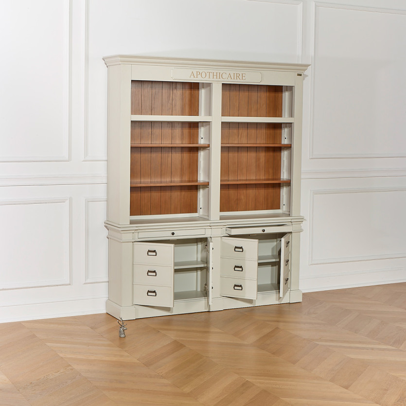 GUSTAVE - Bibliothèque ouverte style classique, 4 portes, 8 tablettes, 2 tirettes, bois certifié FSC®