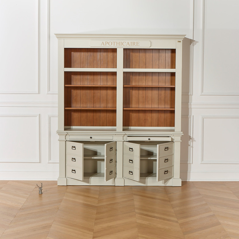 GUSTAVE - Bibliothèque ouverte style classique, 4 portes, 8 tablettes, 2 tirettes, bois certifié FSC®