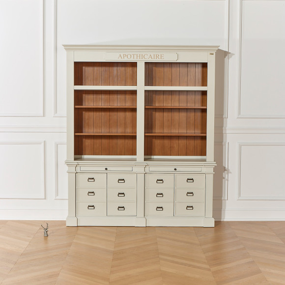 GUSTAVE - Bibliothèque ouverte style classique, 4 portes, 8 tablettes, 2 tirettes, bois certifié FSC®