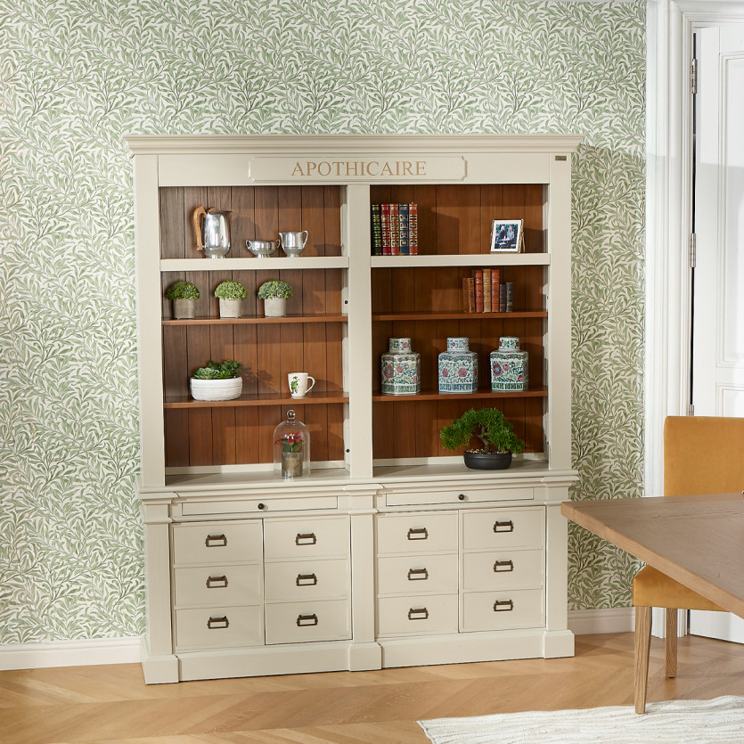 GUSTAVE - Bibliothèque ouverte style classique, 4 portes, 8 tablettes, 2 tirettes, bois certifié FSC®